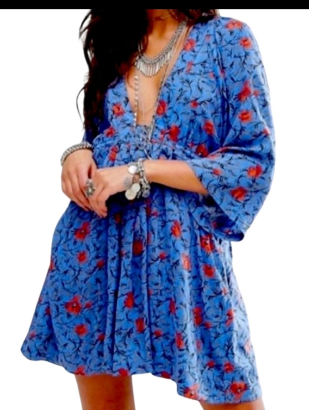 Free People Blue Combo Deep V Neck Mini Floral Boho Dress Size Medium